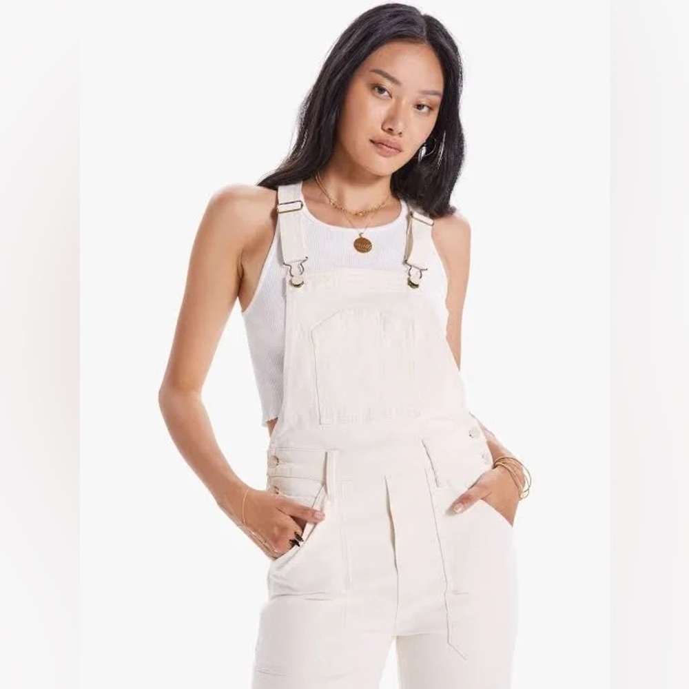 MOTHER Denim Patch Pocket Overalls in Act Natural white/cream